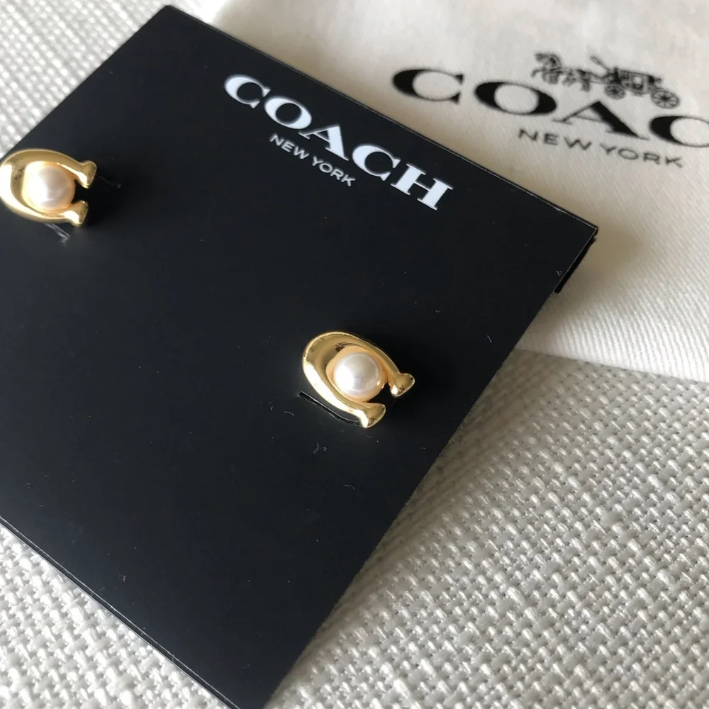 Coach Faux Pearl Gold C Stud Earrings, NWT - Picture 5 of 14